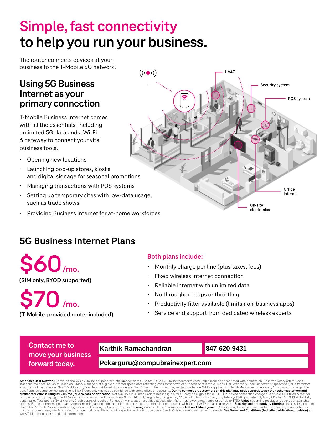 T-Mobile 5G Business Internet flyer page 2 — plans and contact details