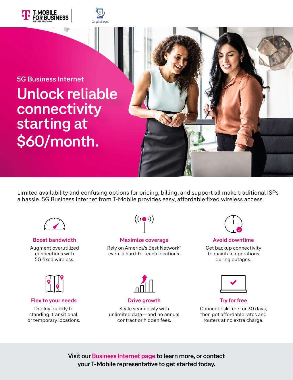 T-Mobile 5G Business Internet flyer page 1 — $60 or $70 per month