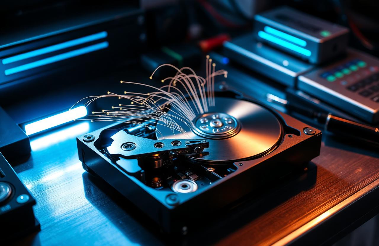 Hard drive being recovered with data streams emerging