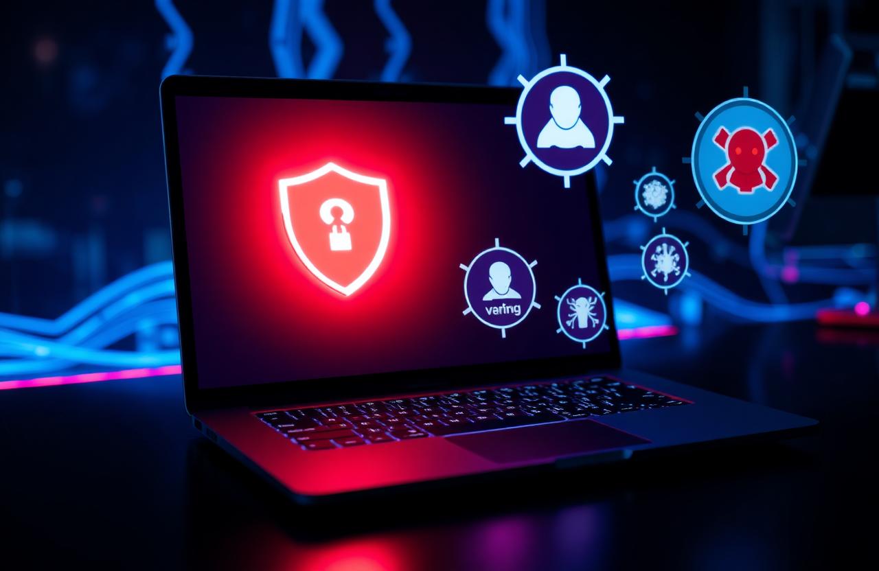 Laptop protected by a security shield blocking viruses and malware